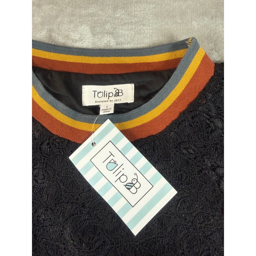 Tulip B Black Lace Long Sleeve Top Striped Ribbed Trim JT2590F9 Womens L - Picture 6 of 7